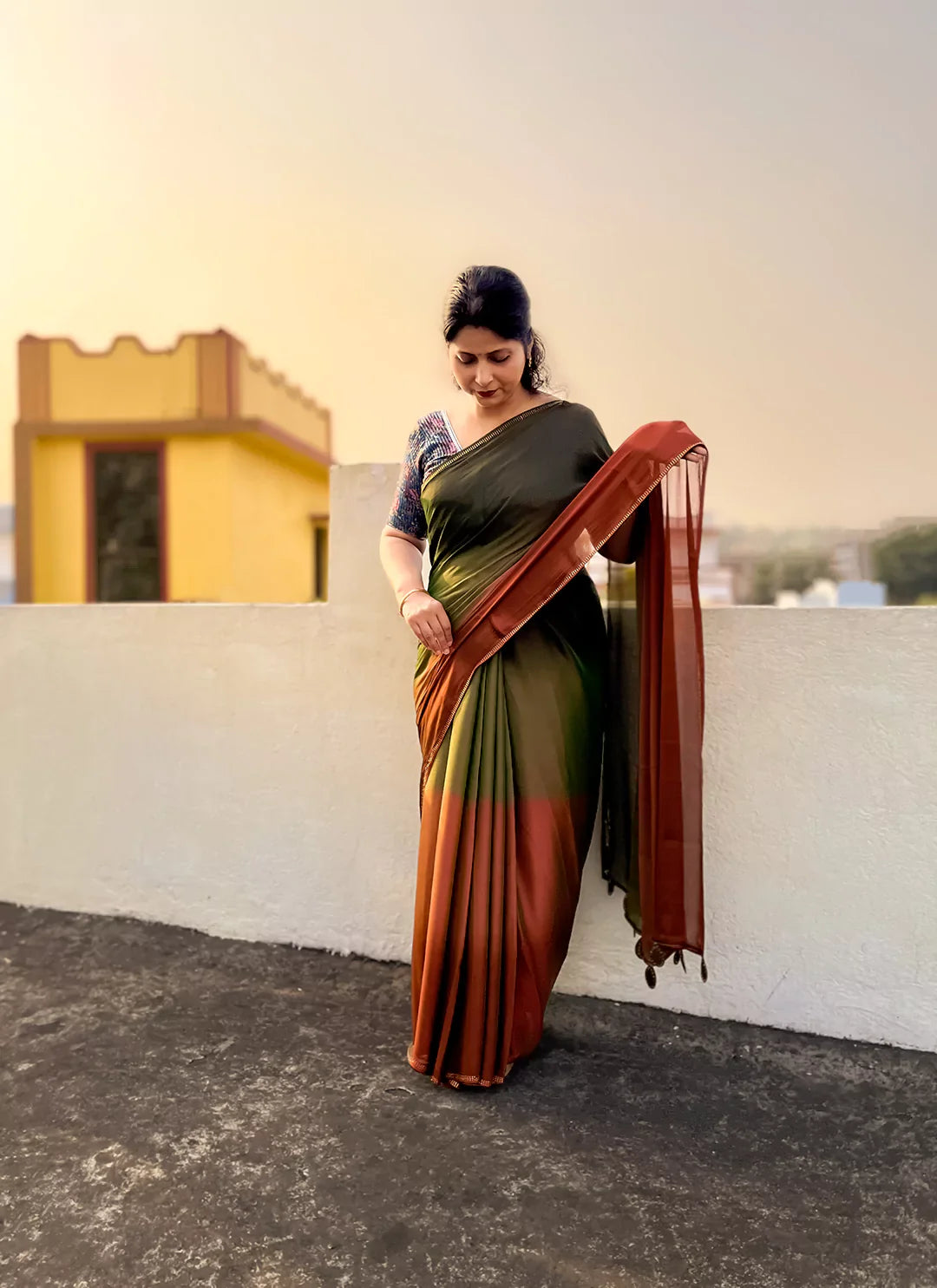 Rust To Green Ombre Dyed Soft Chiffon Silk Saree treevesto