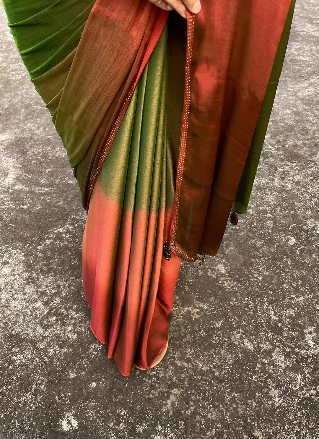 Rust To Green Ombre Dyed Soft Chiffon Silk Saree treevesto