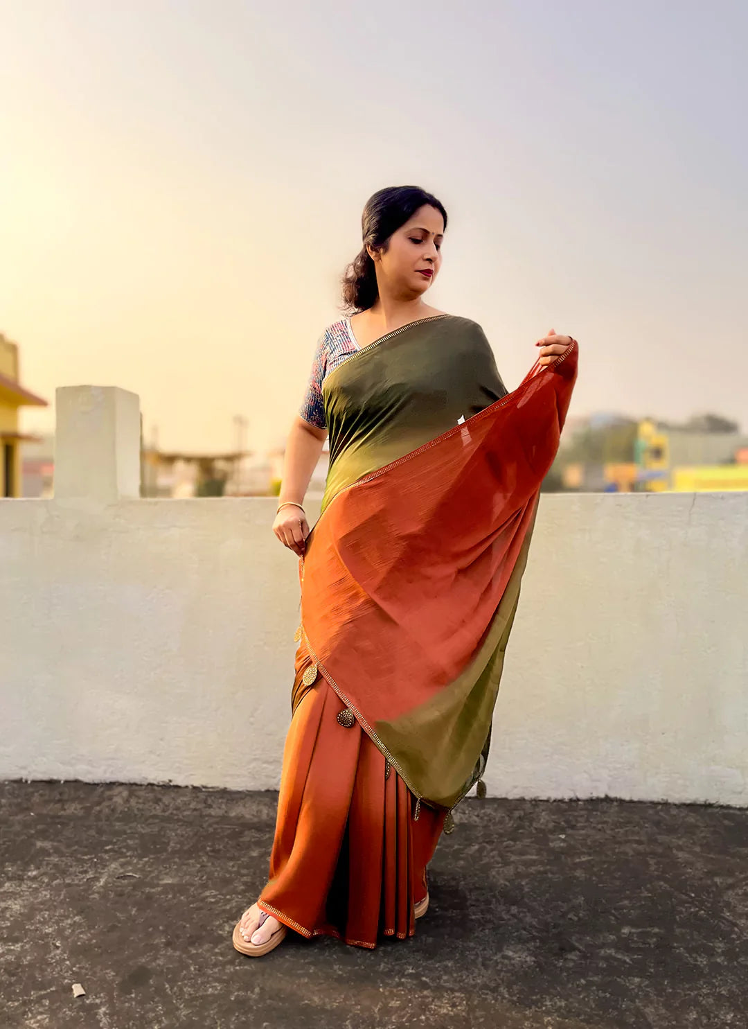 Rust To Green Ombre Dyed Soft Chiffon Silk Saree treevesto