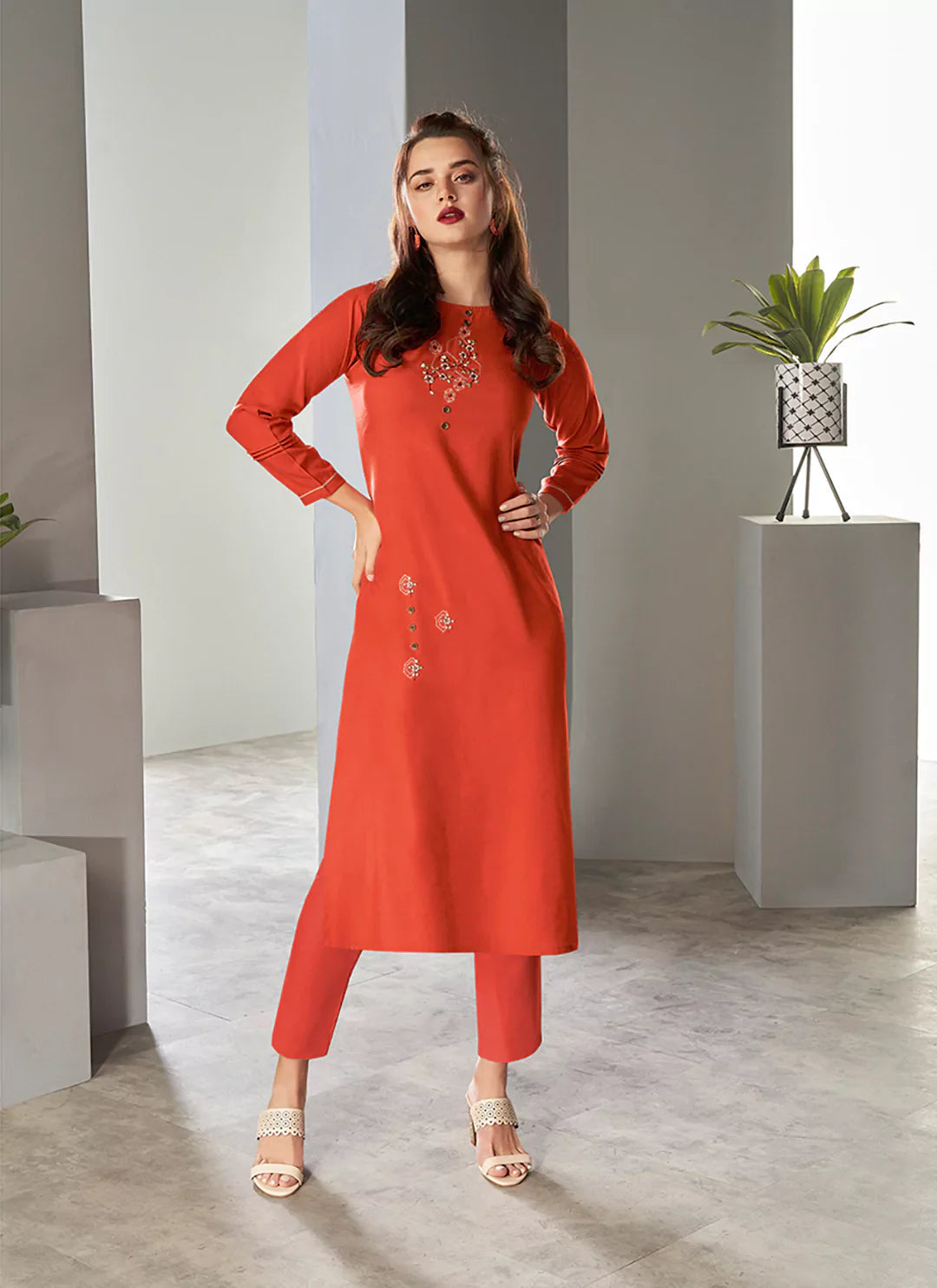 Scarlet Colored Embroidered Viscose A-Line Kurta treevesto