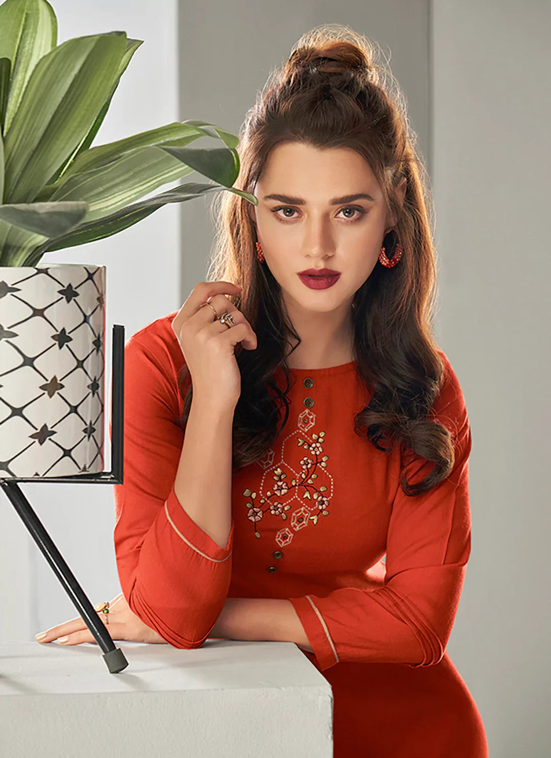 Scarlet Colored Embroidered Viscose A-Line Kurta treevesto