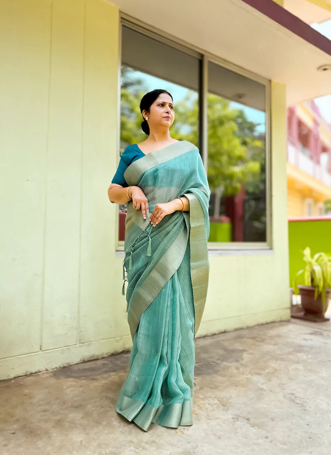 Sea Green Eri/Ahimsa Silk Saree - TREEVESTO