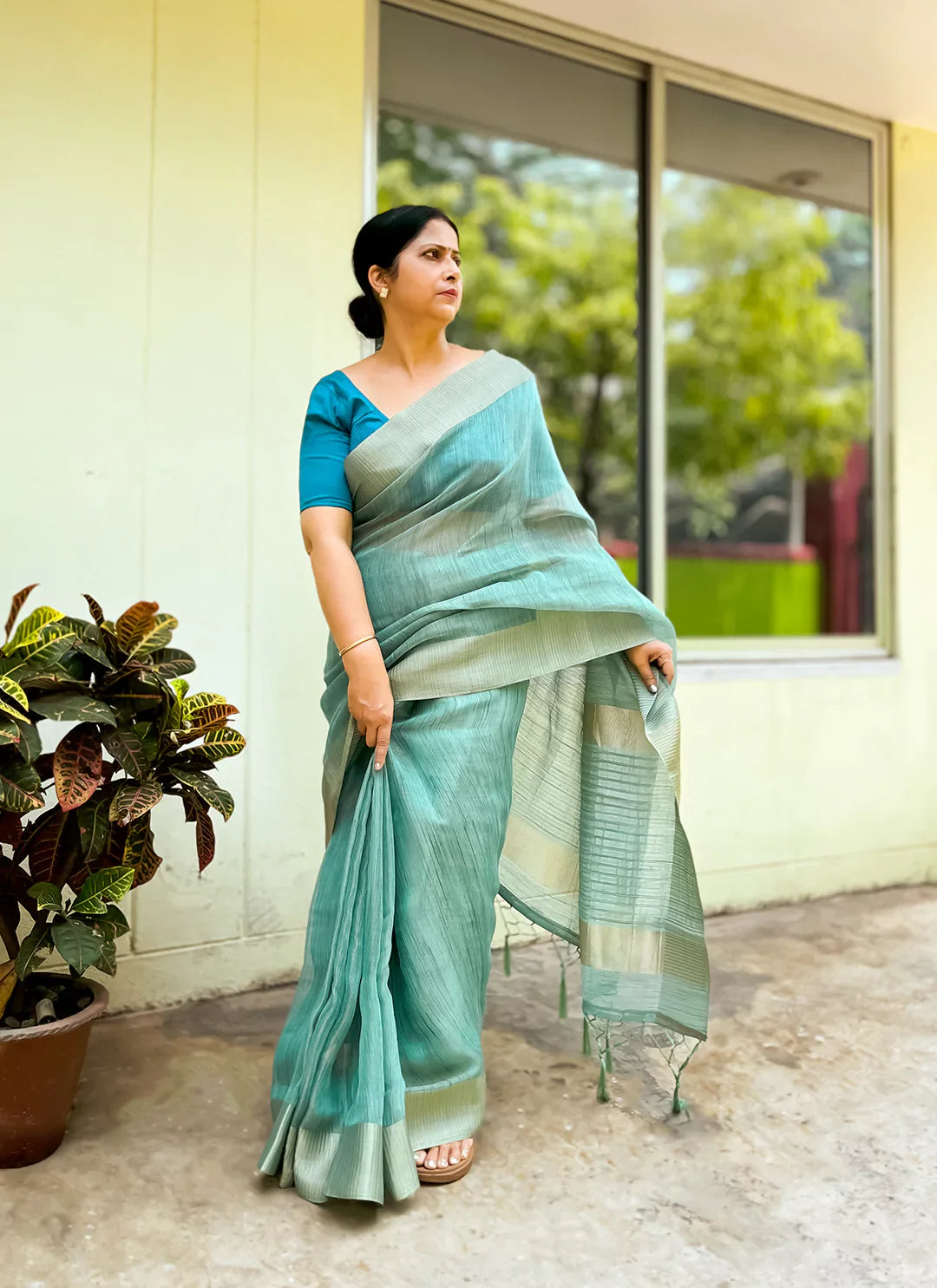 Sea Green Eri/Ahimsa Silk Saree - TREEVESTO