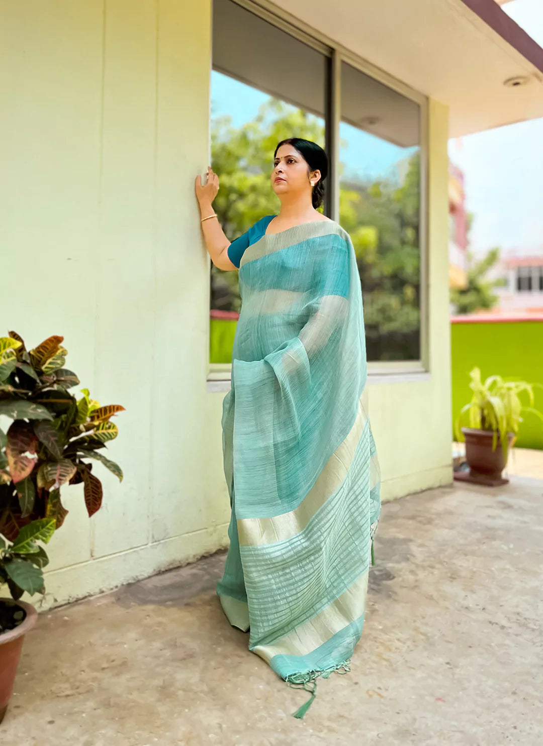 Sea Green Eri/Ahimsa Silk Saree - TREEVESTO
