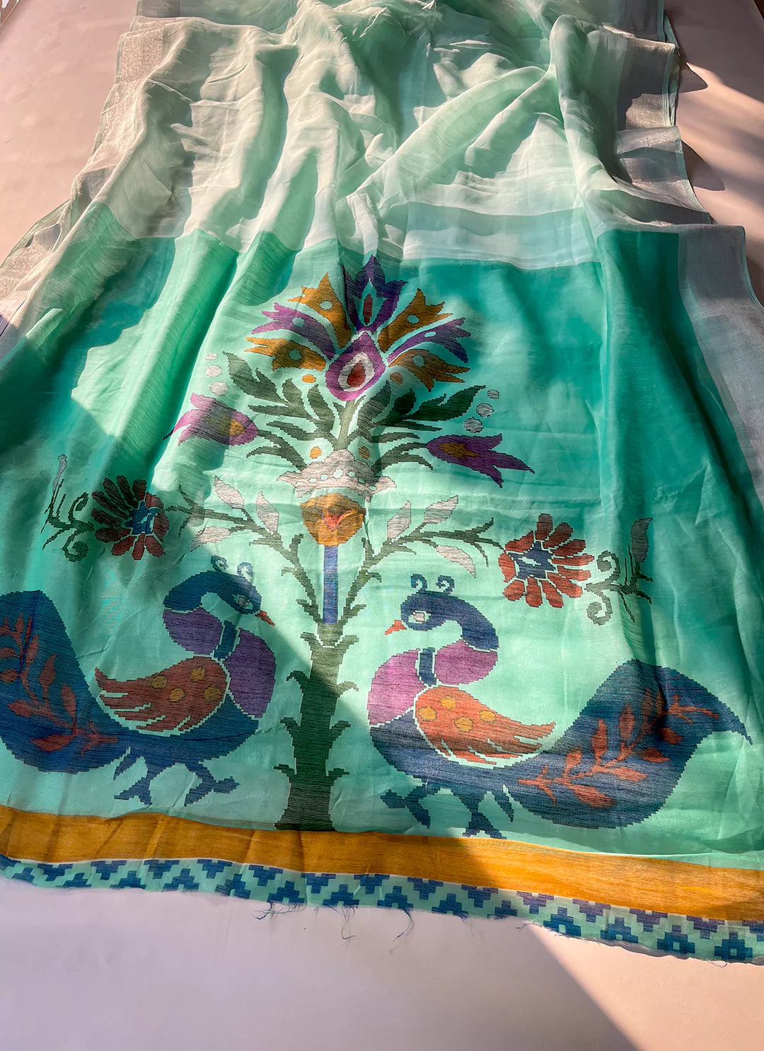 Sea Green Linen Cotton Printed Pallu Saree With Silver Border - TREEVESTO