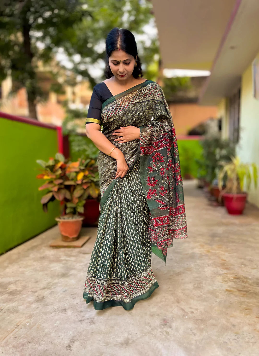Seaweed Green Half & Half Cotton Saree - TREEVESTO