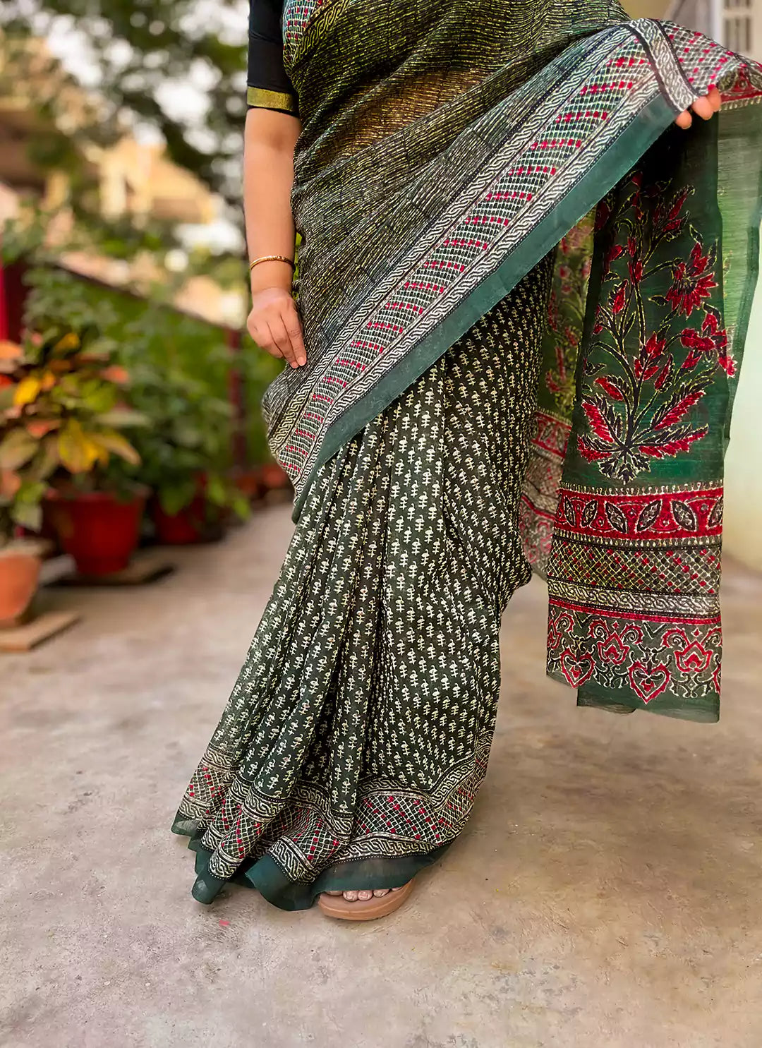 Seaweed Green Half & Half Cotton Saree - TREEVESTO