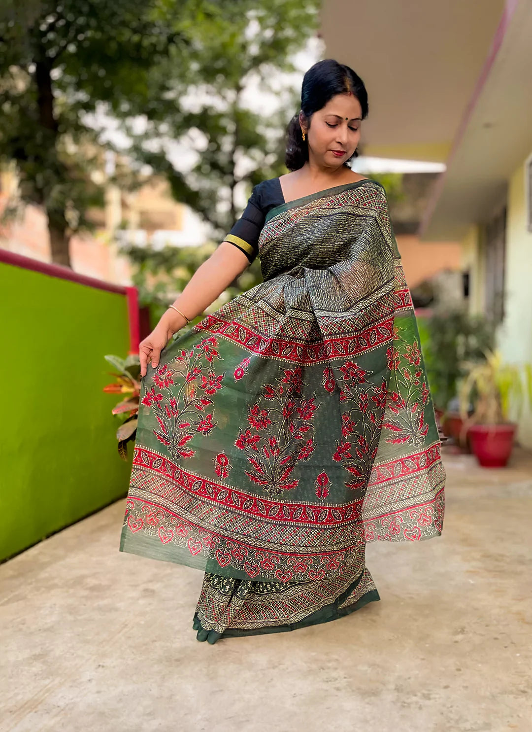 Seaweed Green Half & Half Cotton Saree - TREEVESTO