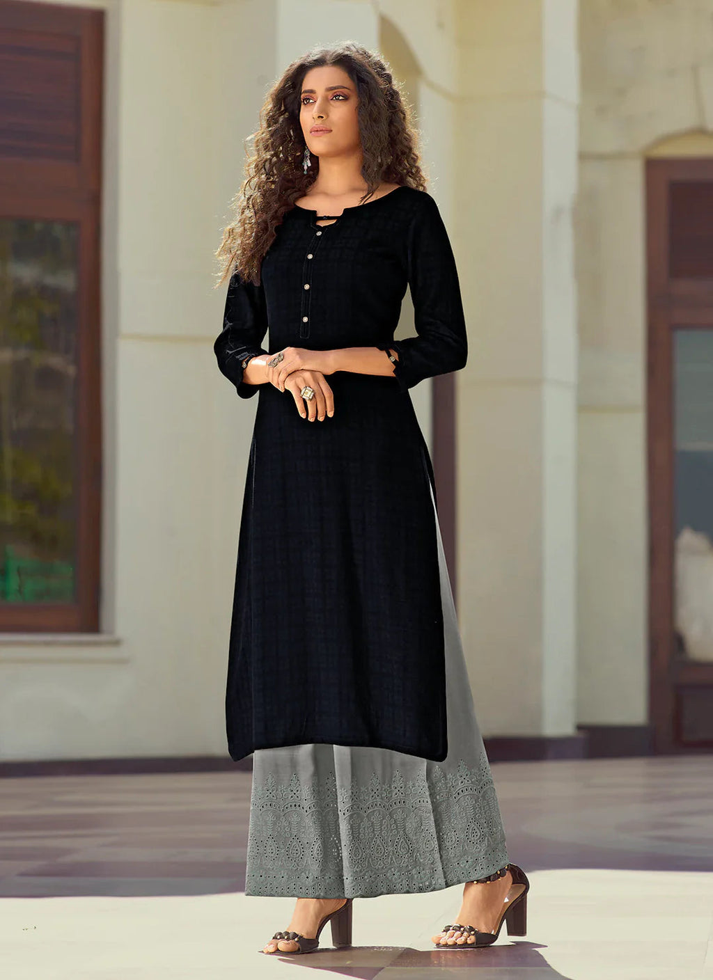 Self Woven Black Kurta With Schiffli Worked Palazzo Set treevesto