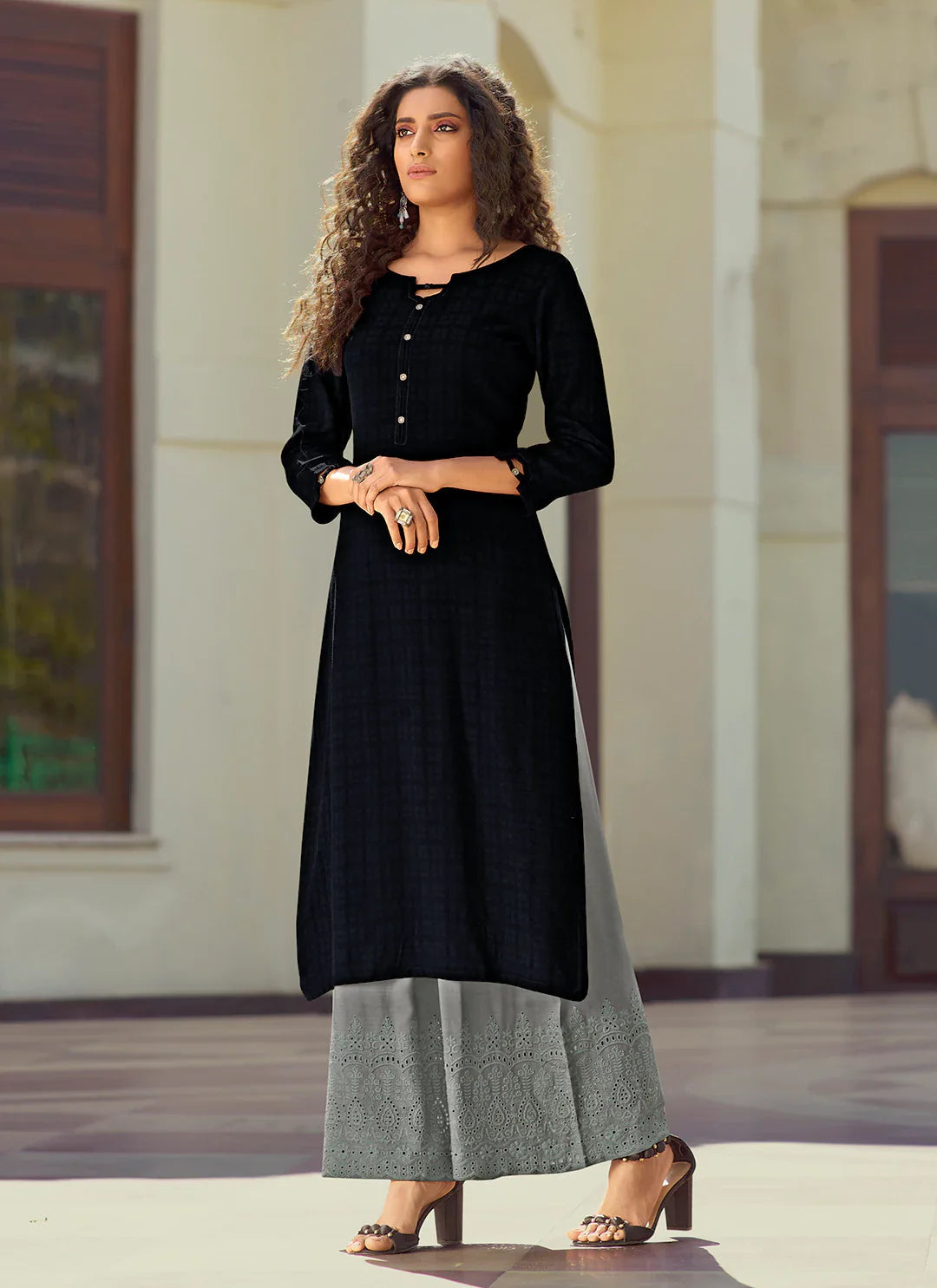 Self Woven Black Kurta With Schiffli Worked Palazzo Set treevesto