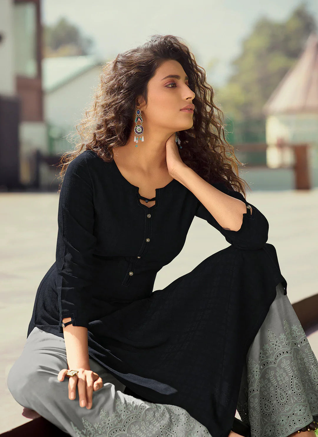 Self Woven Black Kurta With Schiffli Worked Palazzo Set treevesto