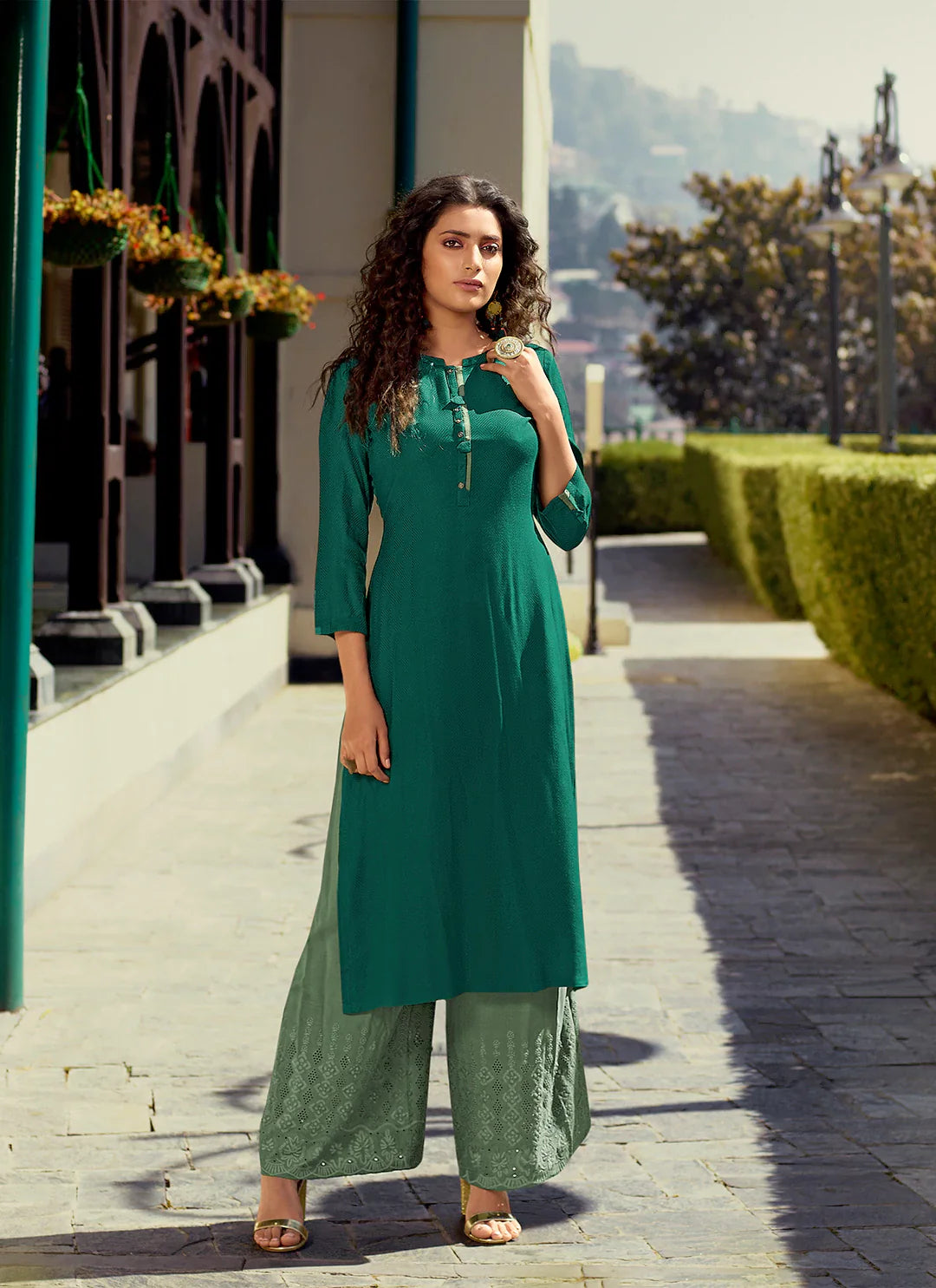 Self Woven Forest Green Kurta With Schiffli Worked Palazzo Set treevesto