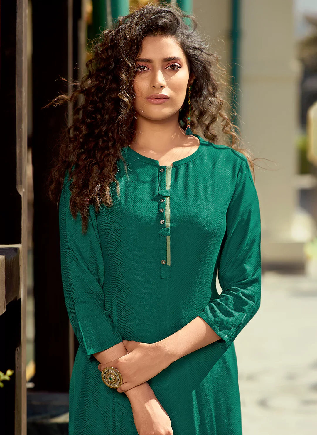 Self Woven Forest Green Kurta With Schiffli Worked Palazzo Set treevesto