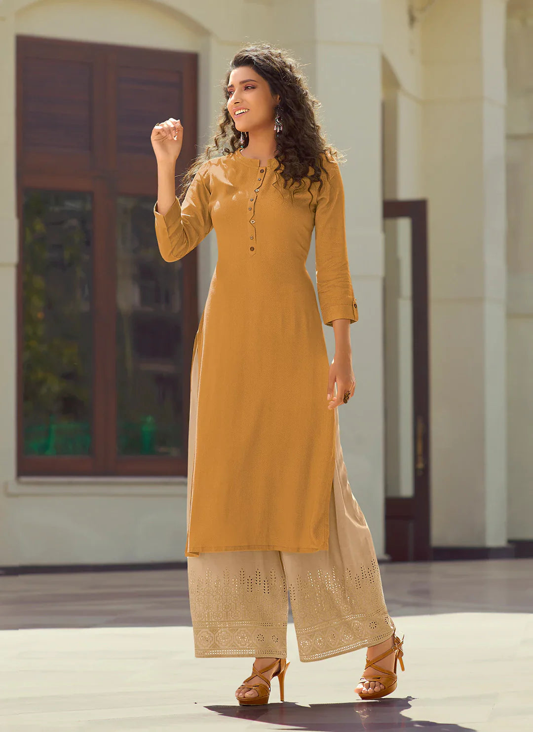 Self Woven Mustard Yellow Kurta With Schiffli Worked Palazzo Set treevesto