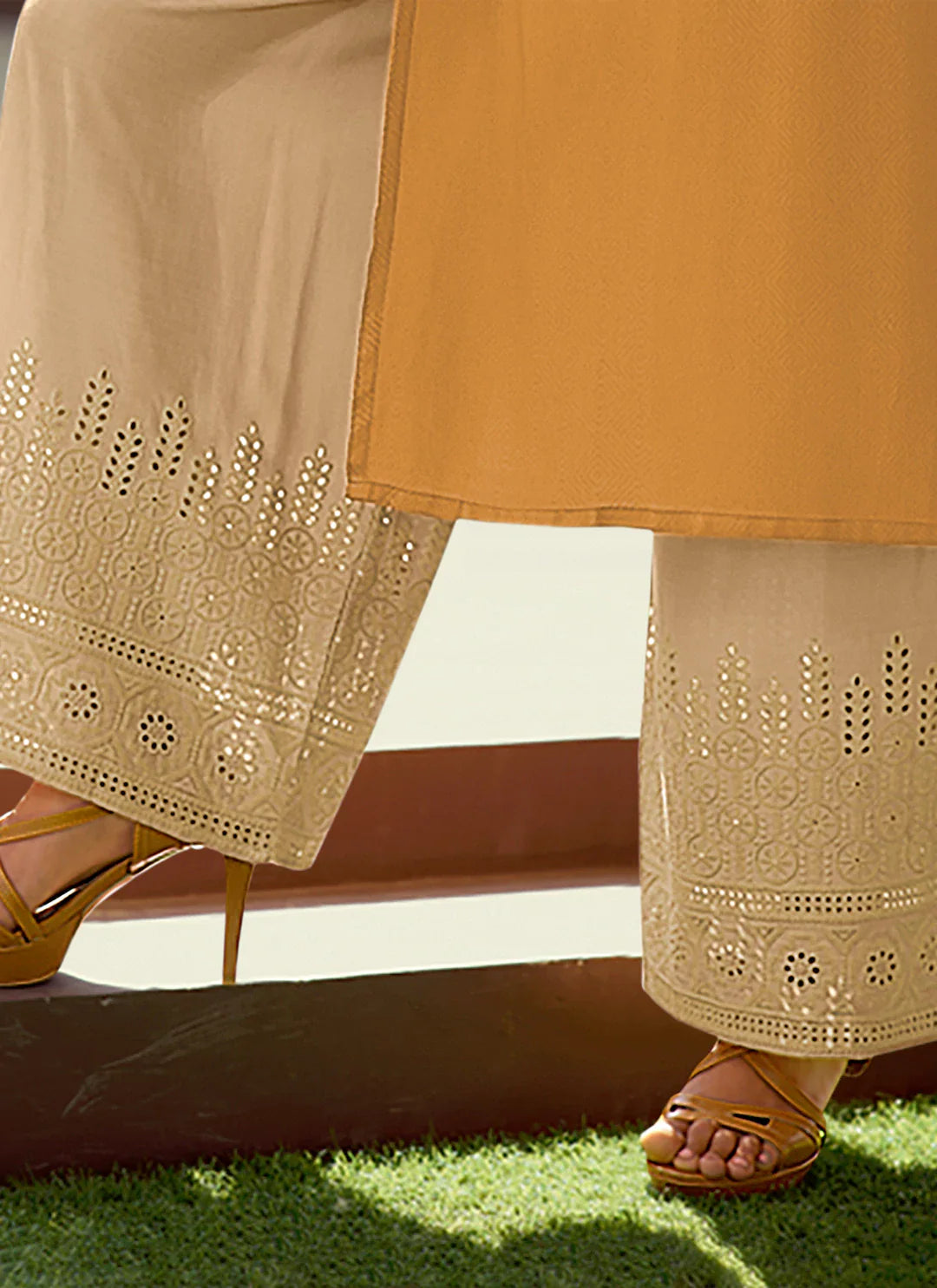 Self Woven Mustard Yellow Kurta With Schiffli Worked Palazzo Set treevesto