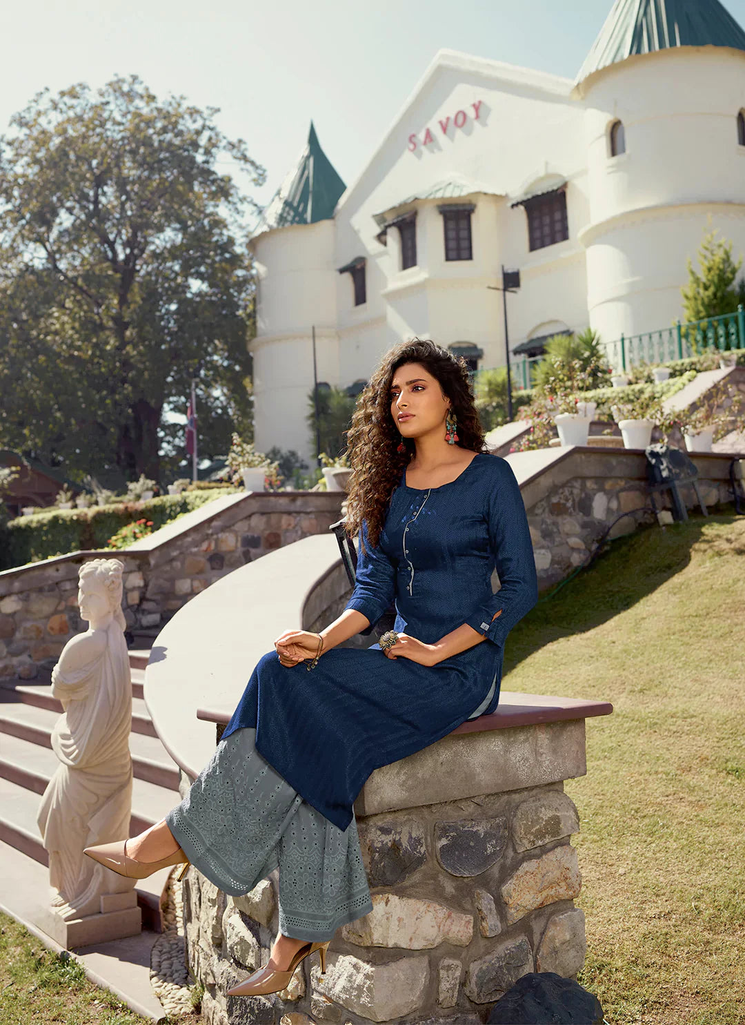 Self Woven Navy Blue Kurta With Schiffli Worked Palazzo Set treevesto