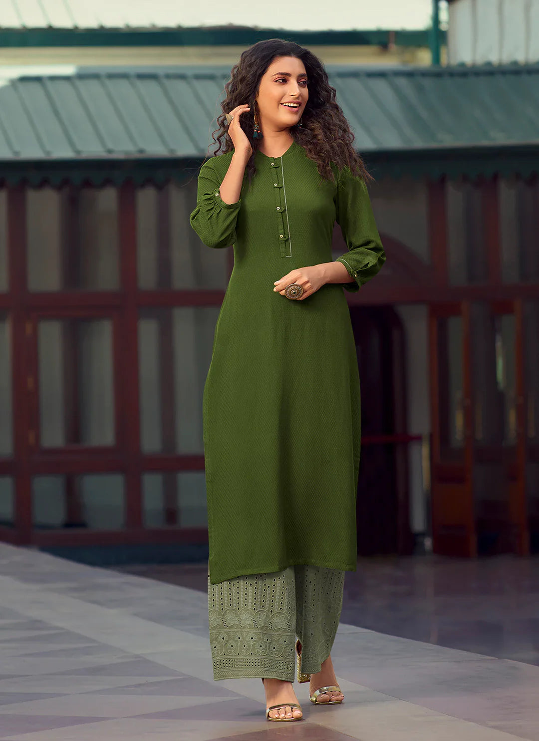 Self Woven Olive Green Kurta With Schiffli Worked Palazzo Set treevesto