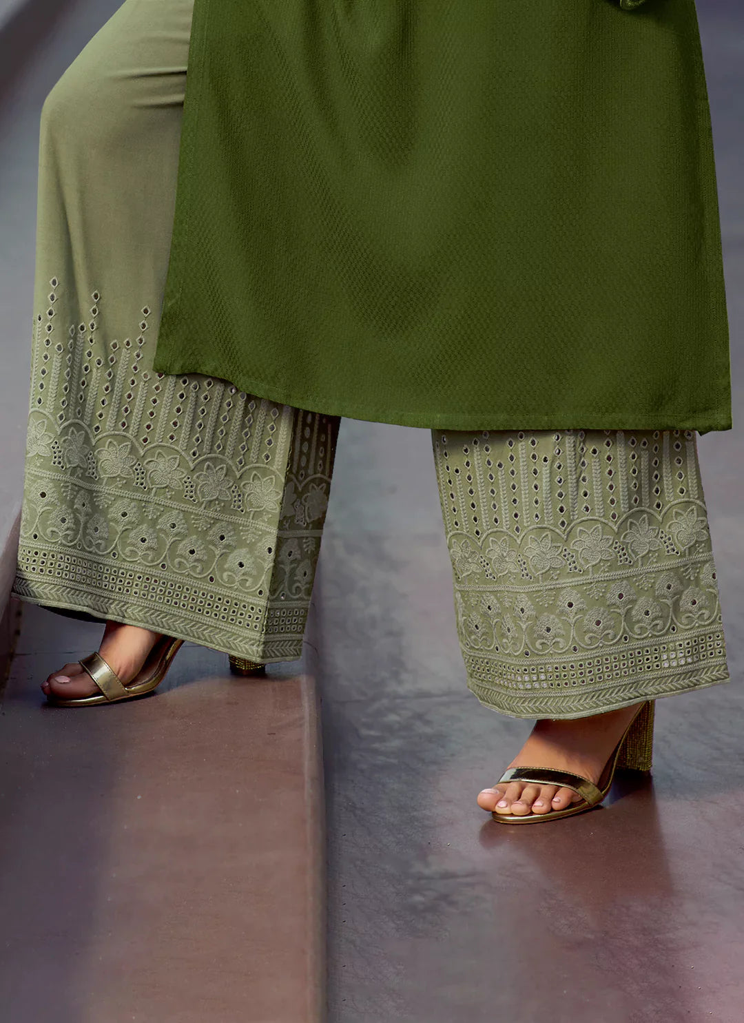 Self Woven Olive Green Kurta With Schiffli Worked Palazzo Set treevesto