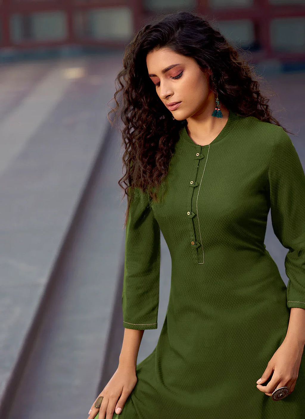 Self Woven Olive Green Kurta With Schiffli Worked Palazzo Set treevesto