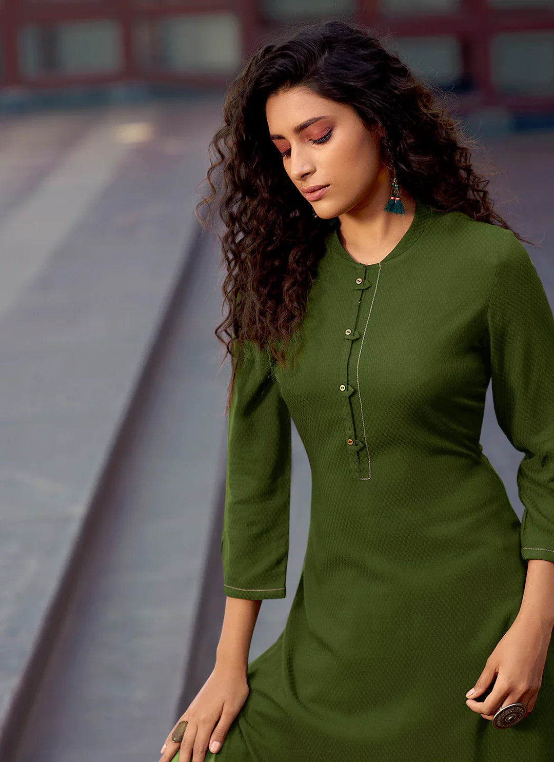 Self Woven Olive Green Kurta With Schiffli Worked Palazzo Set treevesto