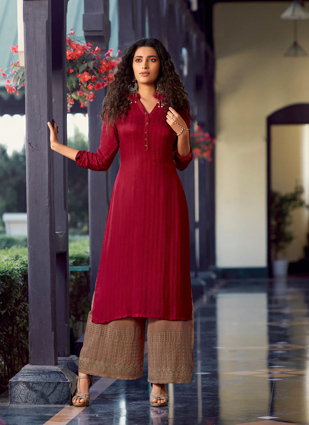 Self Woven Red Kurta With Schiffli Worked Palazzo Set treevesto