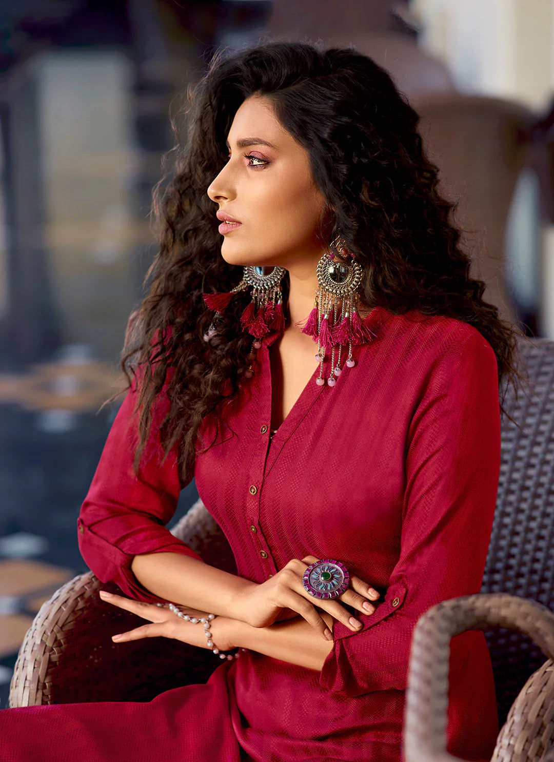 Self Woven Red Kurta With Schiffli Worked Palazzo Set treevesto