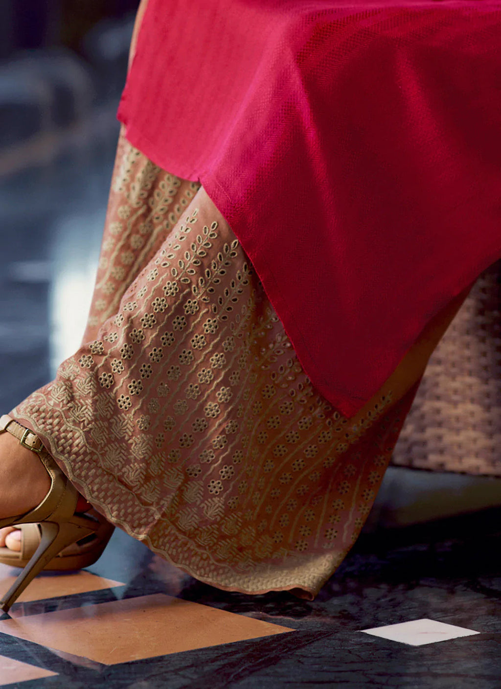 Self Woven Red Kurta With Schiffli Worked Palazzo Set treevesto