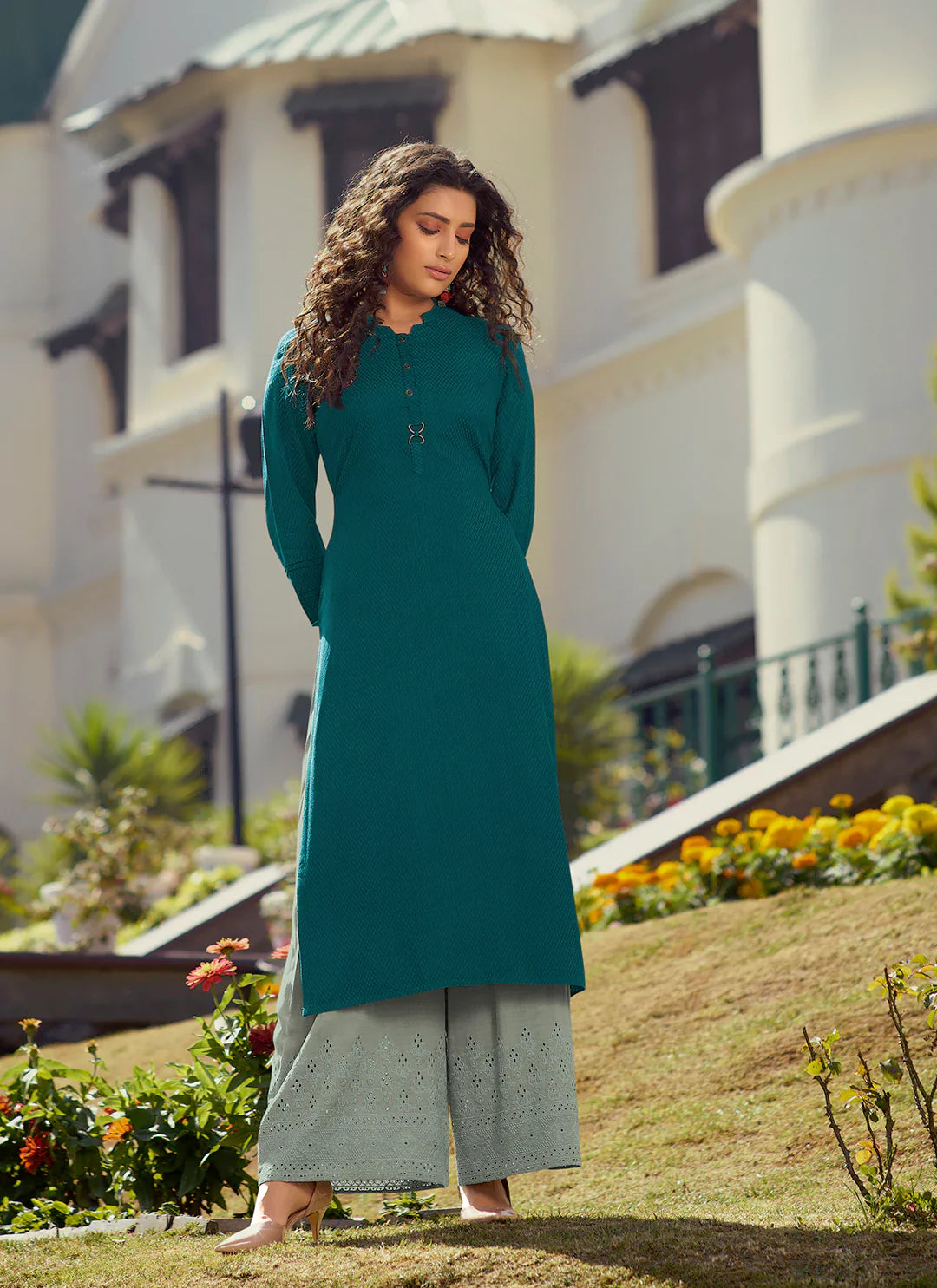Self Woven Teal Green Kurta With Schiffli Worked Palazzo Set treevesto