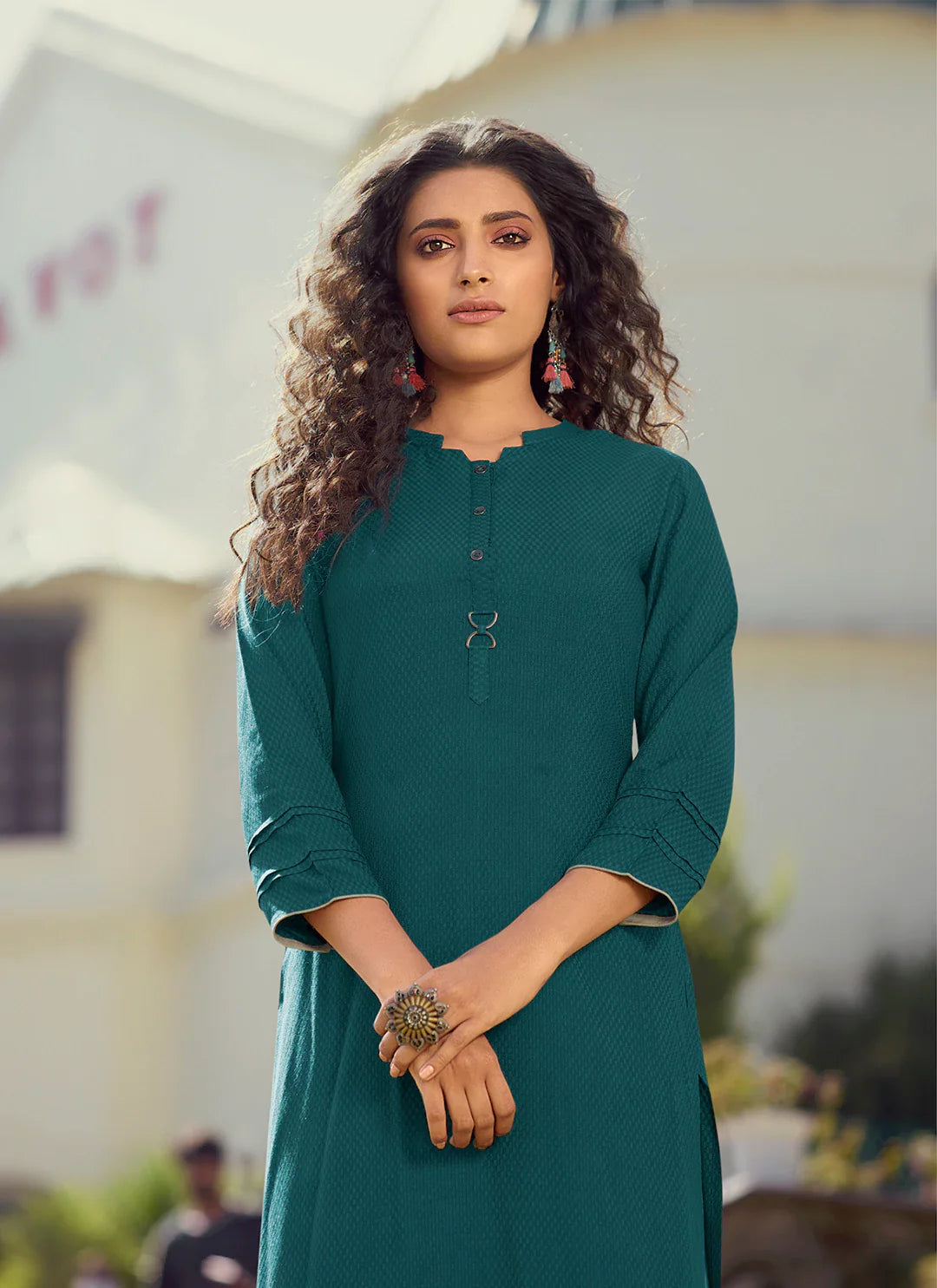 Self Woven Teal Green Kurta With Schiffli Worked Palazzo Set treevesto