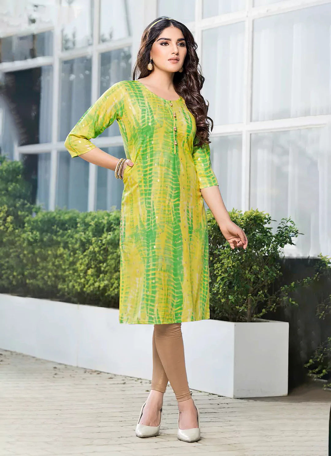 Shibori Print Green & Yellow Straight Kurta With Pocket treevesto