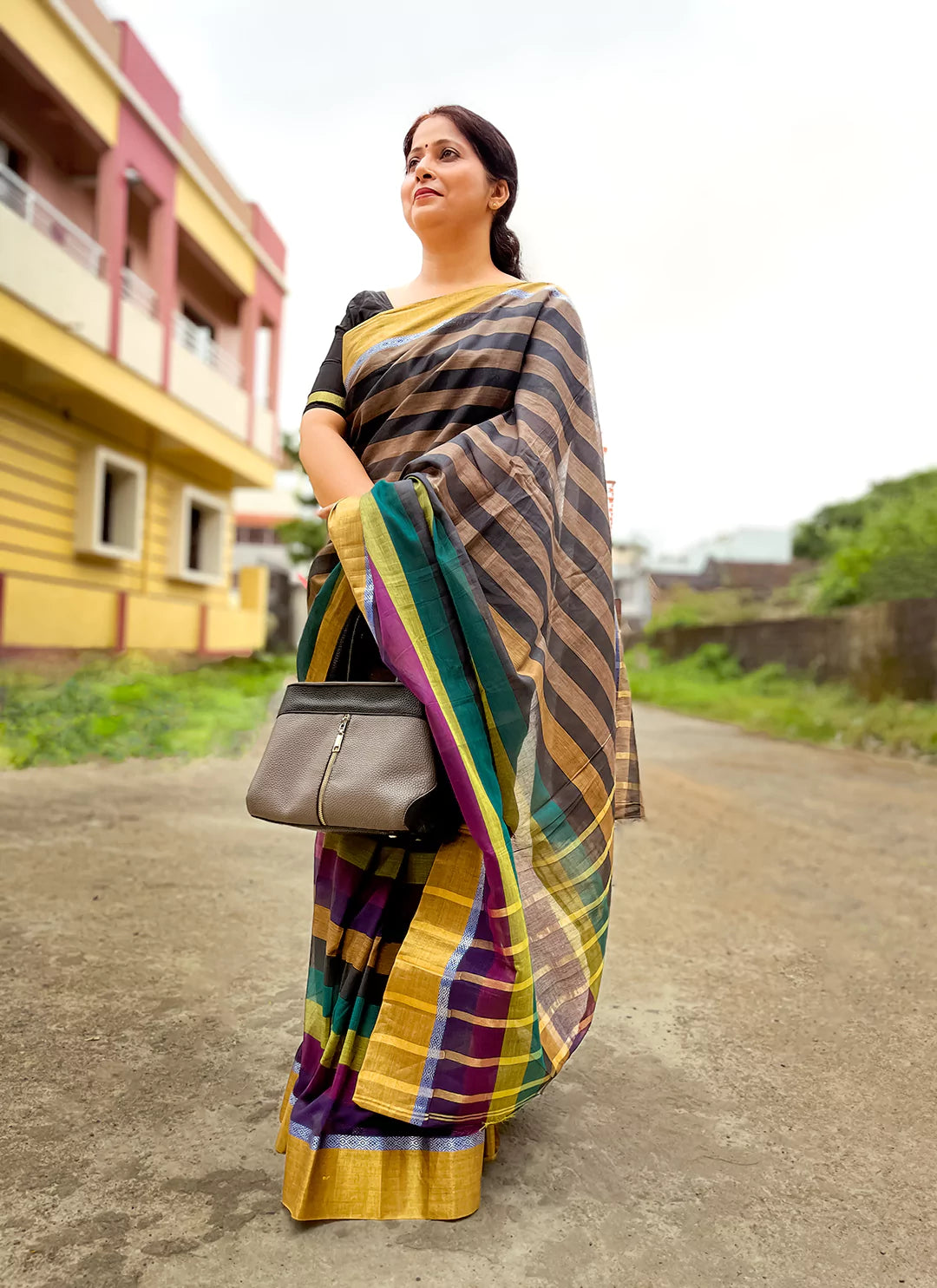 Striped Cotton Silk Saree With Golden Border - TREEVESTO