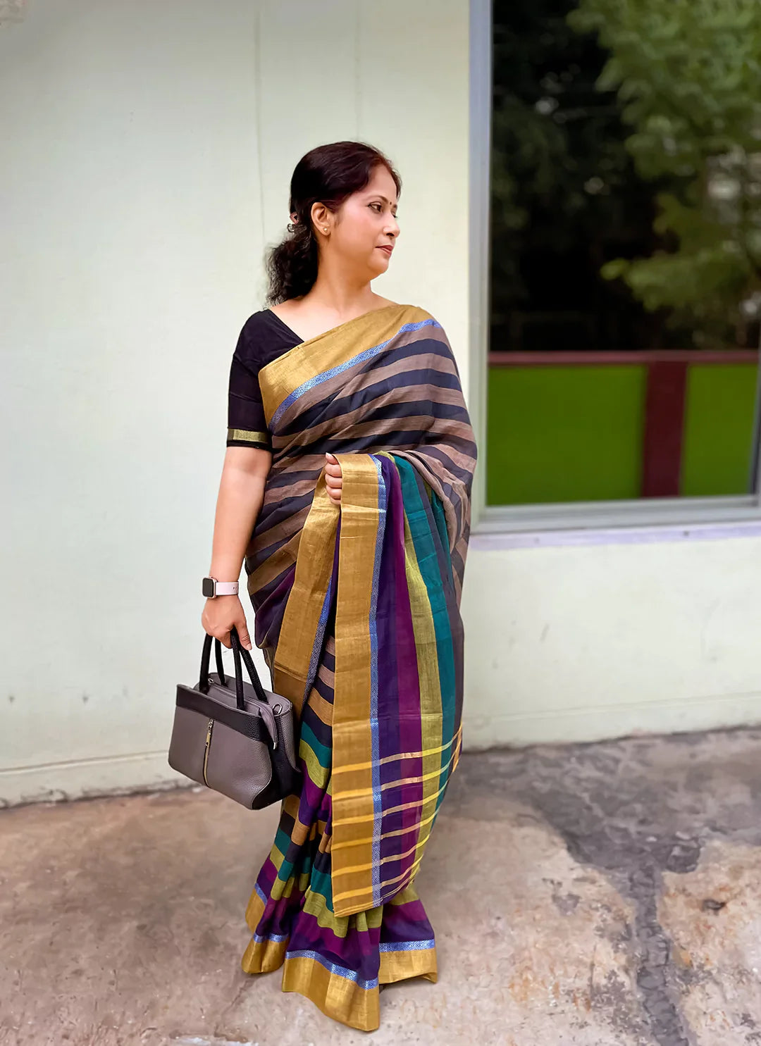 Striped Cotton Silk Saree With Golden Border - TREEVESTO