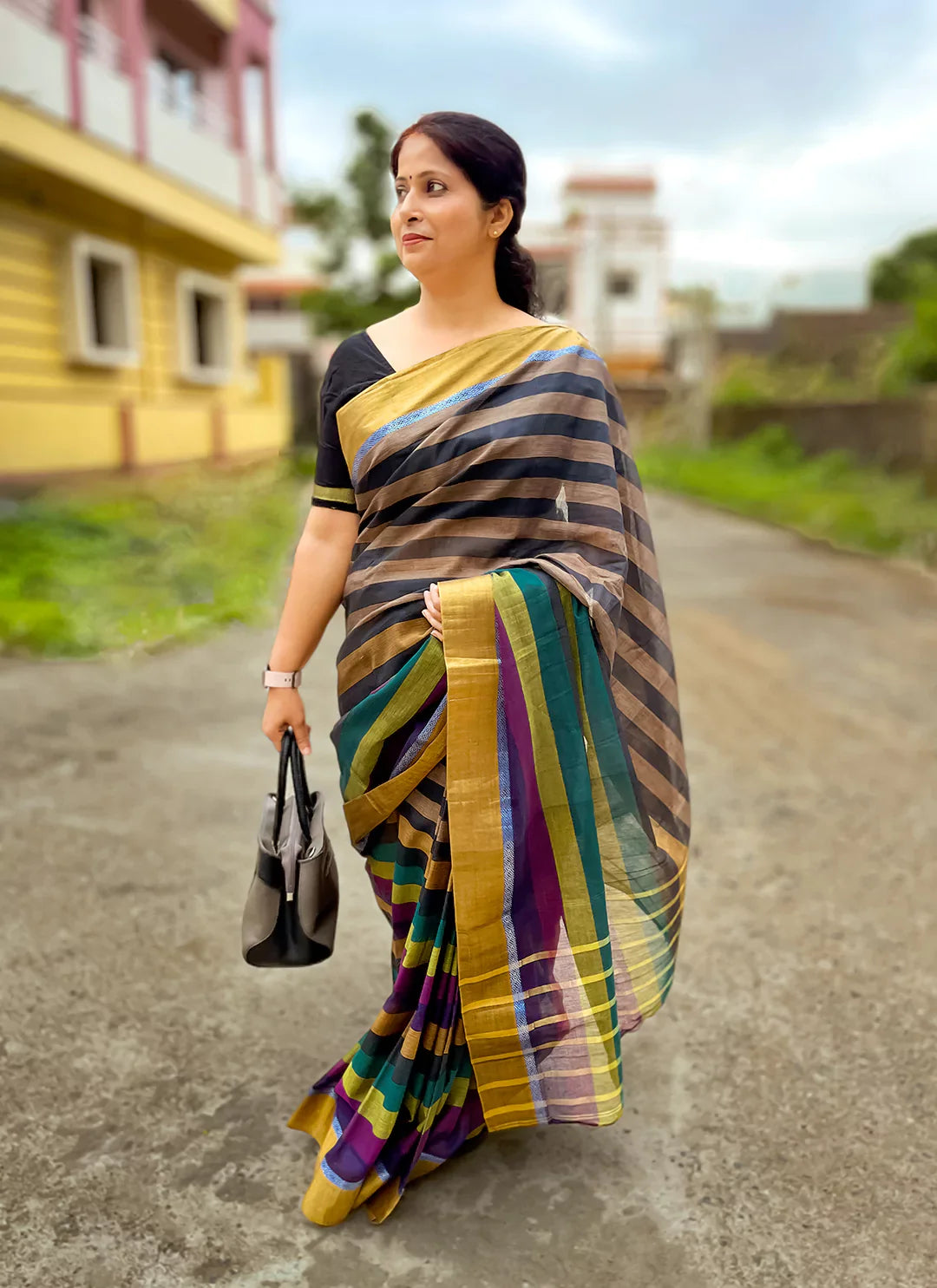 Striped Cotton Silk Saree With Golden Border - TREEVESTO