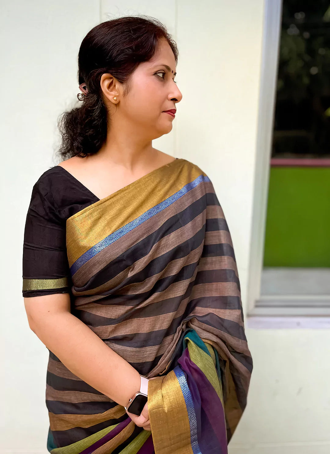 Striped Cotton Silk Saree With Golden Border - TREEVESTO