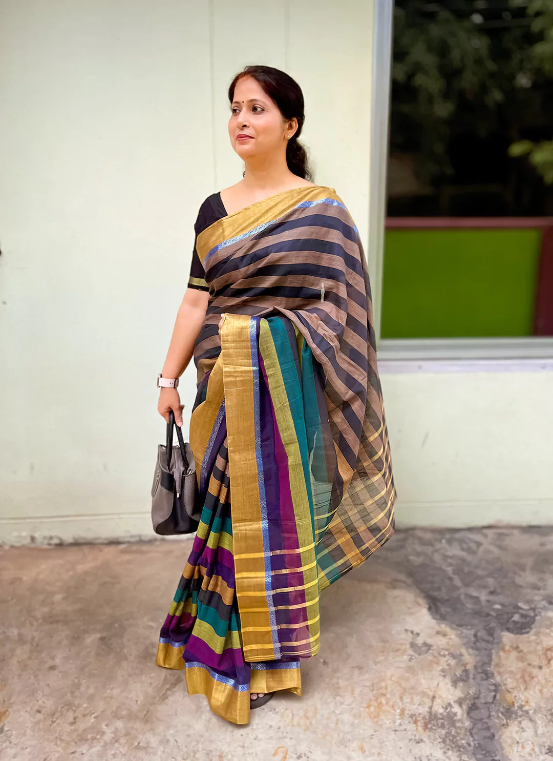 Striped Cotton Silk Saree With Golden Border - TREEVESTO