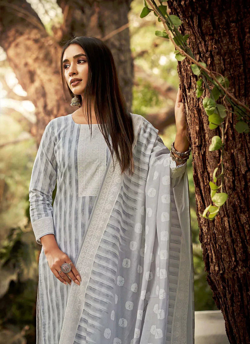 Striped Pure Cotton Printed Grey Unstitch Suit Material treevesto