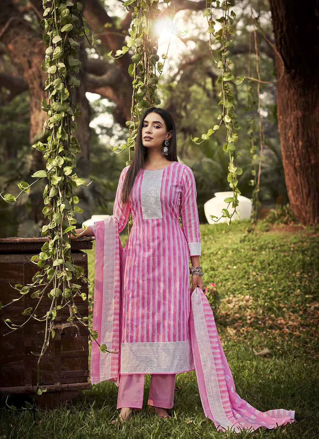Striped Pure Cotton Printed Pink Unstitch Suit Material treevesto