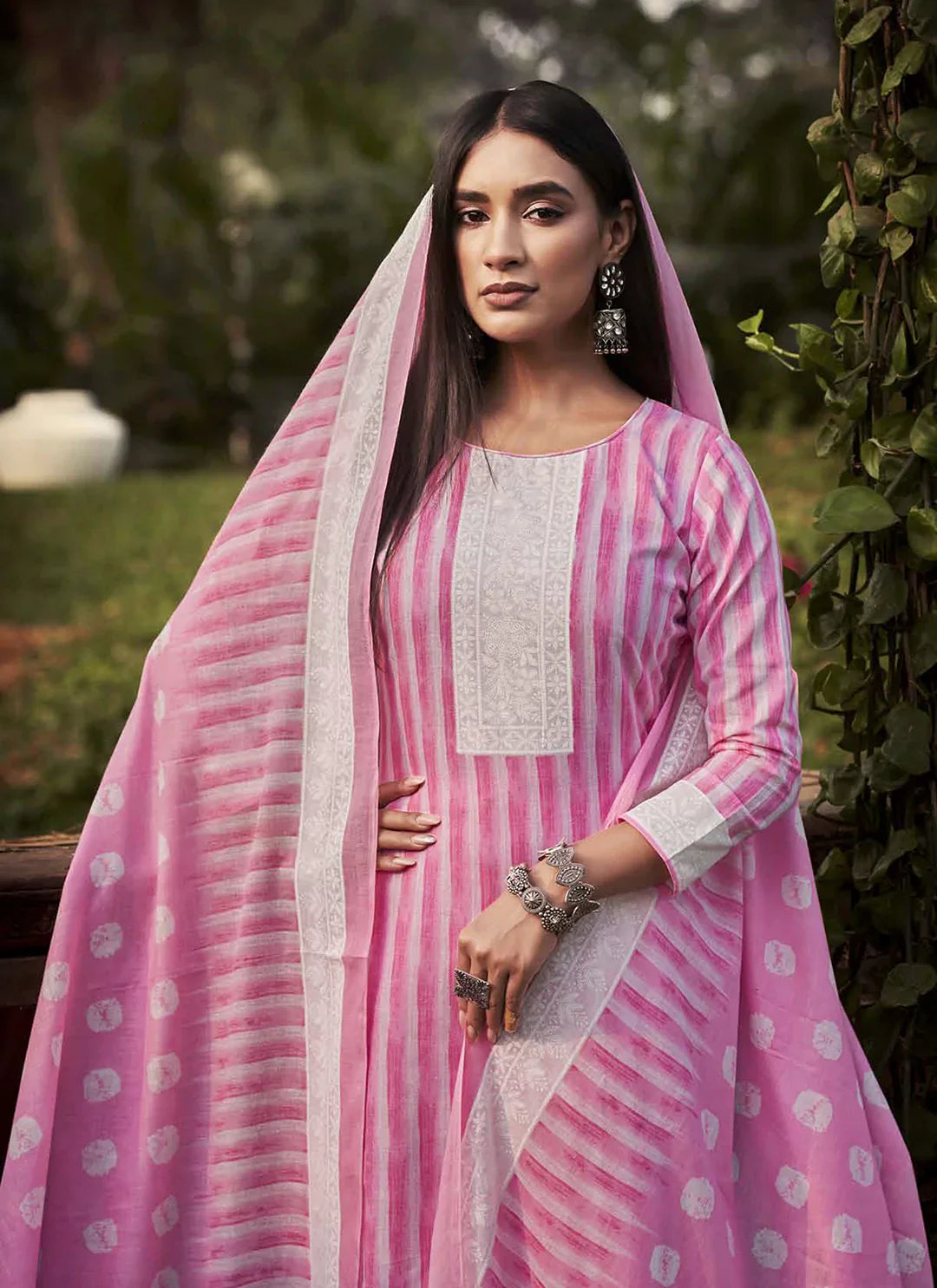Striped Pure Cotton Printed Pink Unstitch Suit Material treevesto