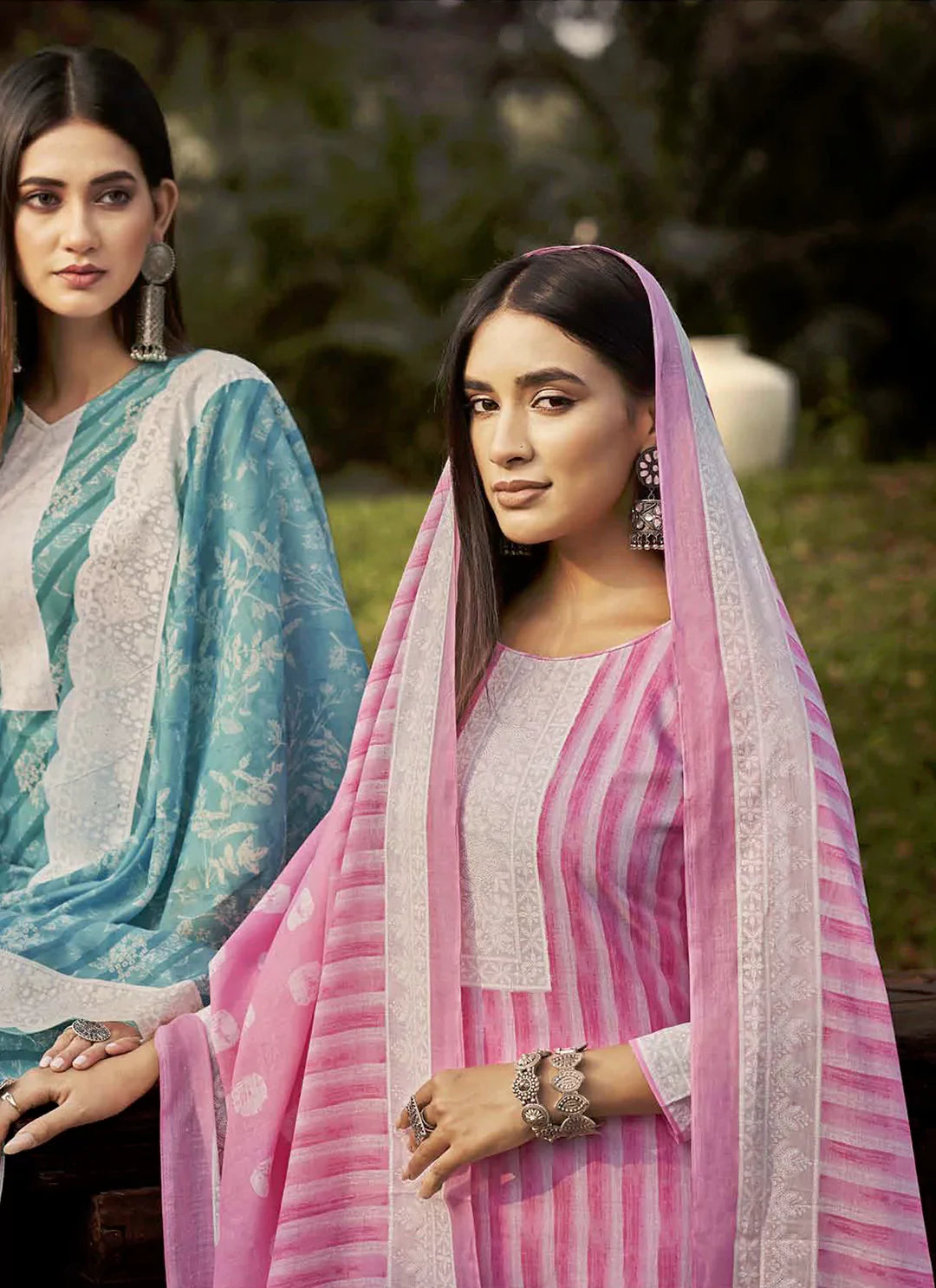 Striped Pure Cotton Printed Pink Unstitch Suit Material treevesto