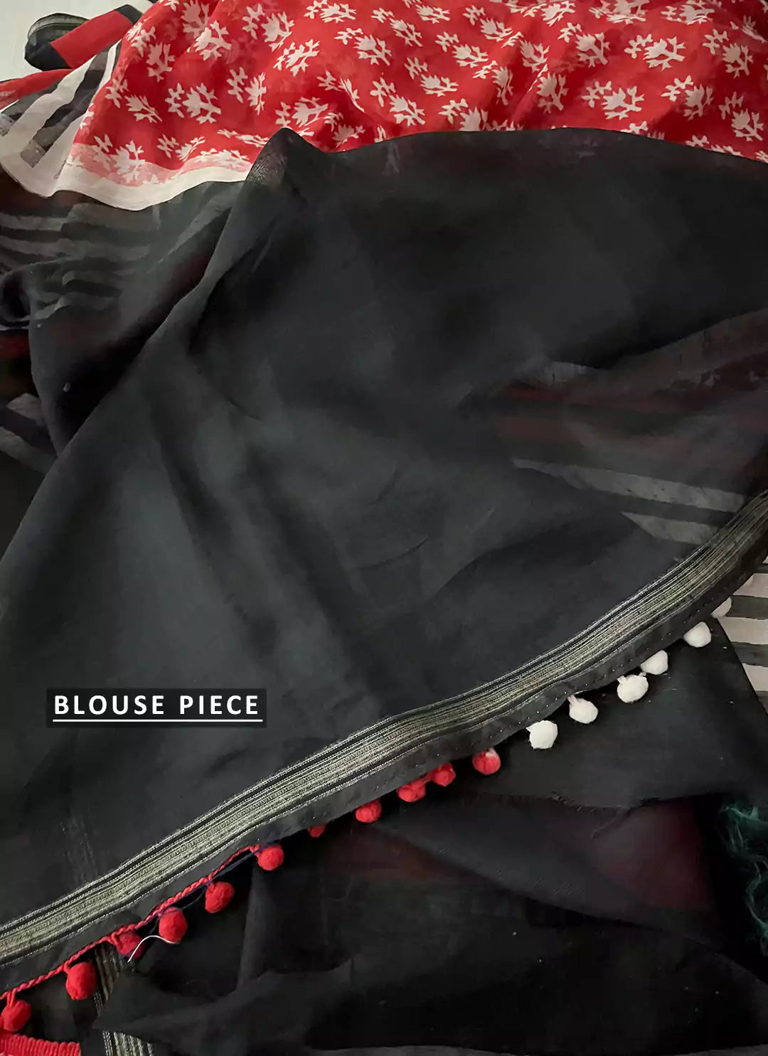 Red Black Cotton Blend Saree With Pompoms treevesto