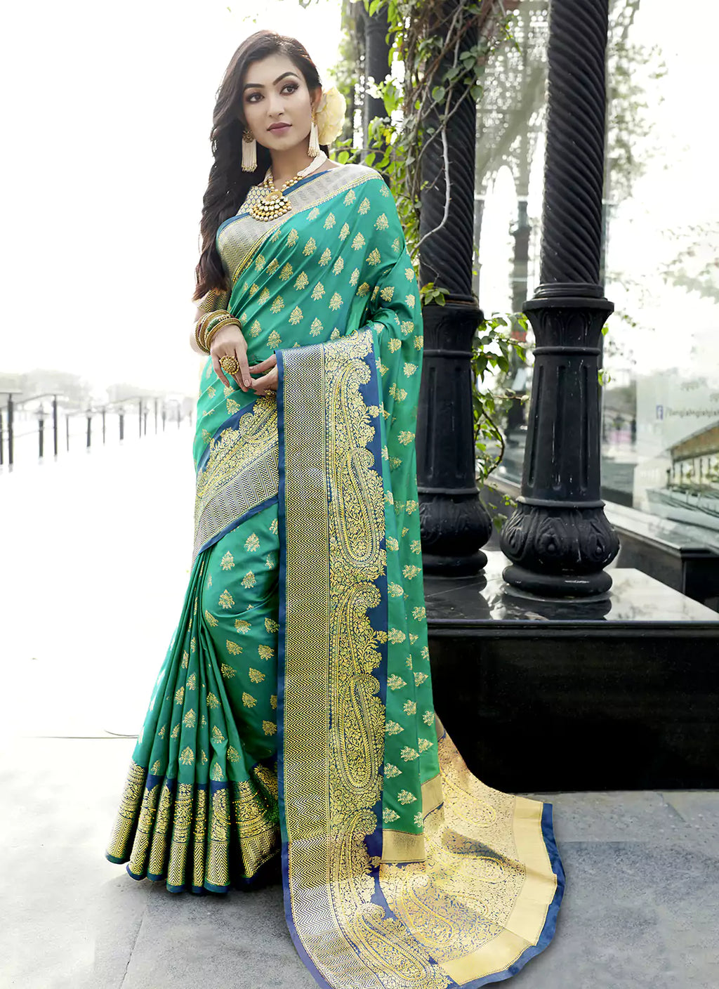 Swarovski Stone Worked Rama Green Banarasi Silk Saree - TREEVESTO