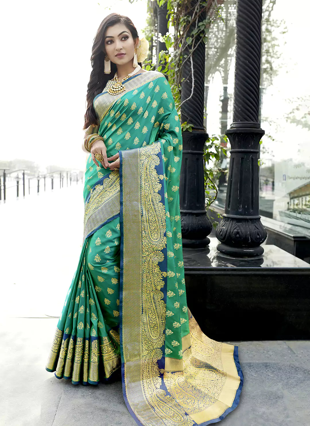 Swarovski Stone Worked Rama Green Banarasi Silk Saree - TREEVESTO