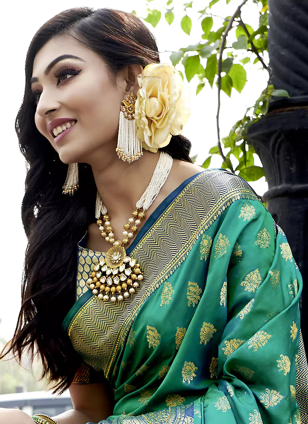 Swarovski Stone Worked Rama Green Banarasi Silk Saree - TREEVESTO