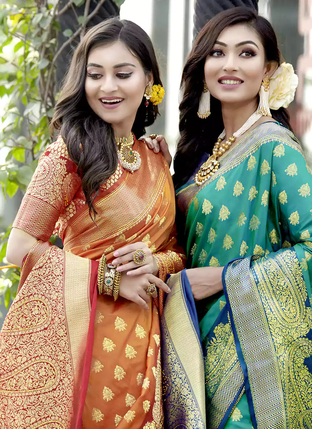Swarovski Stone Worked Rama Green Banarasi Silk Saree - TREEVESTO