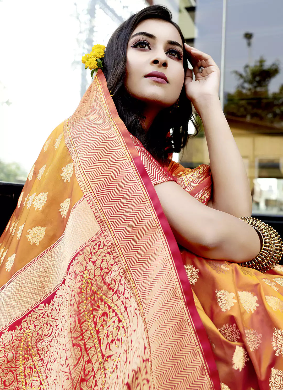 Swarovski Stone Worked Orange Banarasi Silk Saree - TREEVESTO