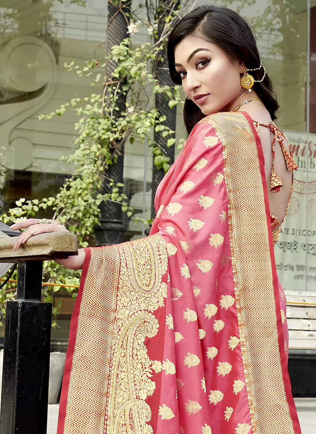 Swarovski Stone Worked Peach Pink Banarasi Silk Saree - TREEVESTO