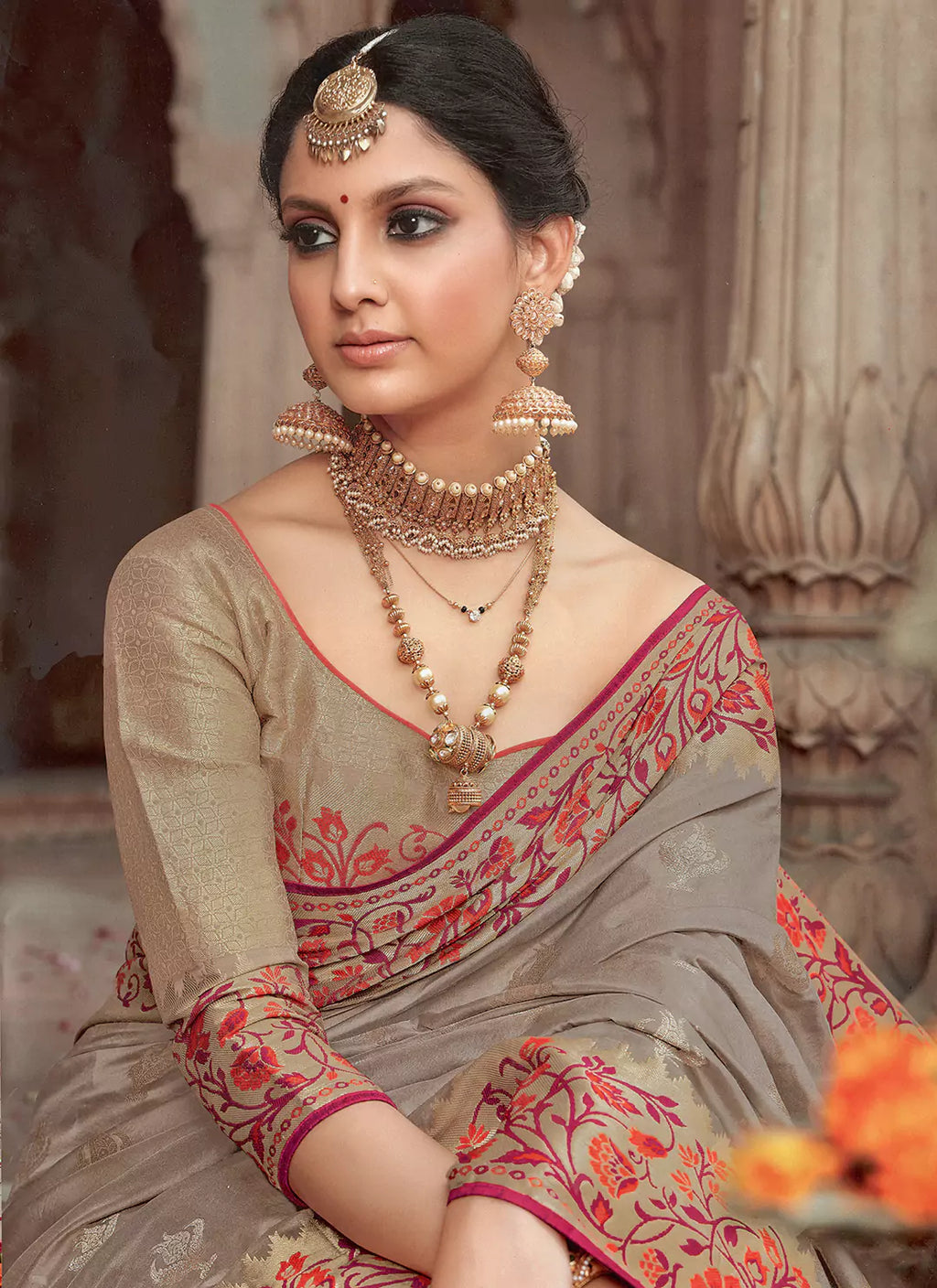 Taupe Banarasi Saree With Zari & Meenakari Work - TREEVESTO