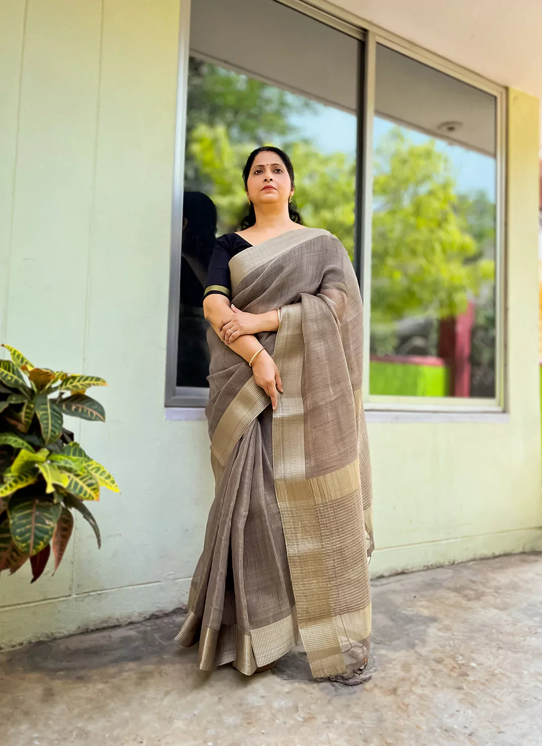 Taupe Colored Eri/Ahimsa Silk Saree - TREEVESTO