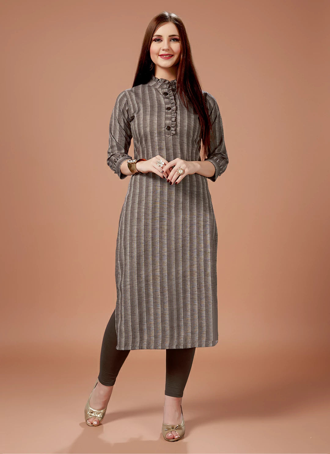 Taupe Striped Pure Cotton Straight Kurta  TREEVESTO
