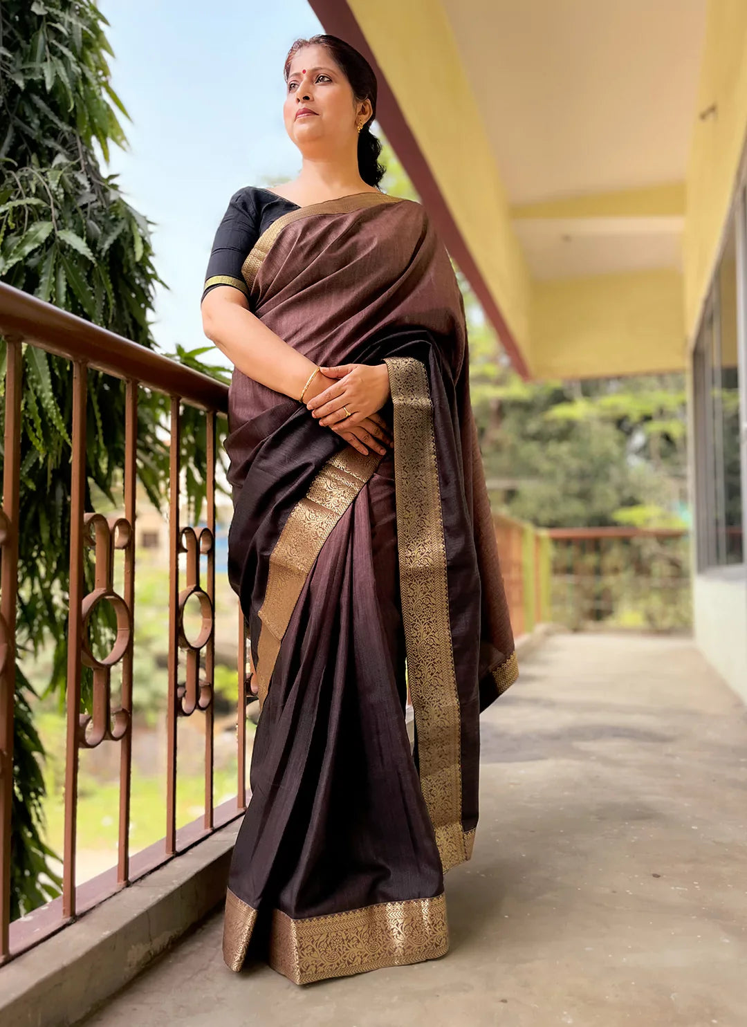 Taupe To Brown Ombre Dyed Soft Vichitra Silk Saree - TREEVESTO